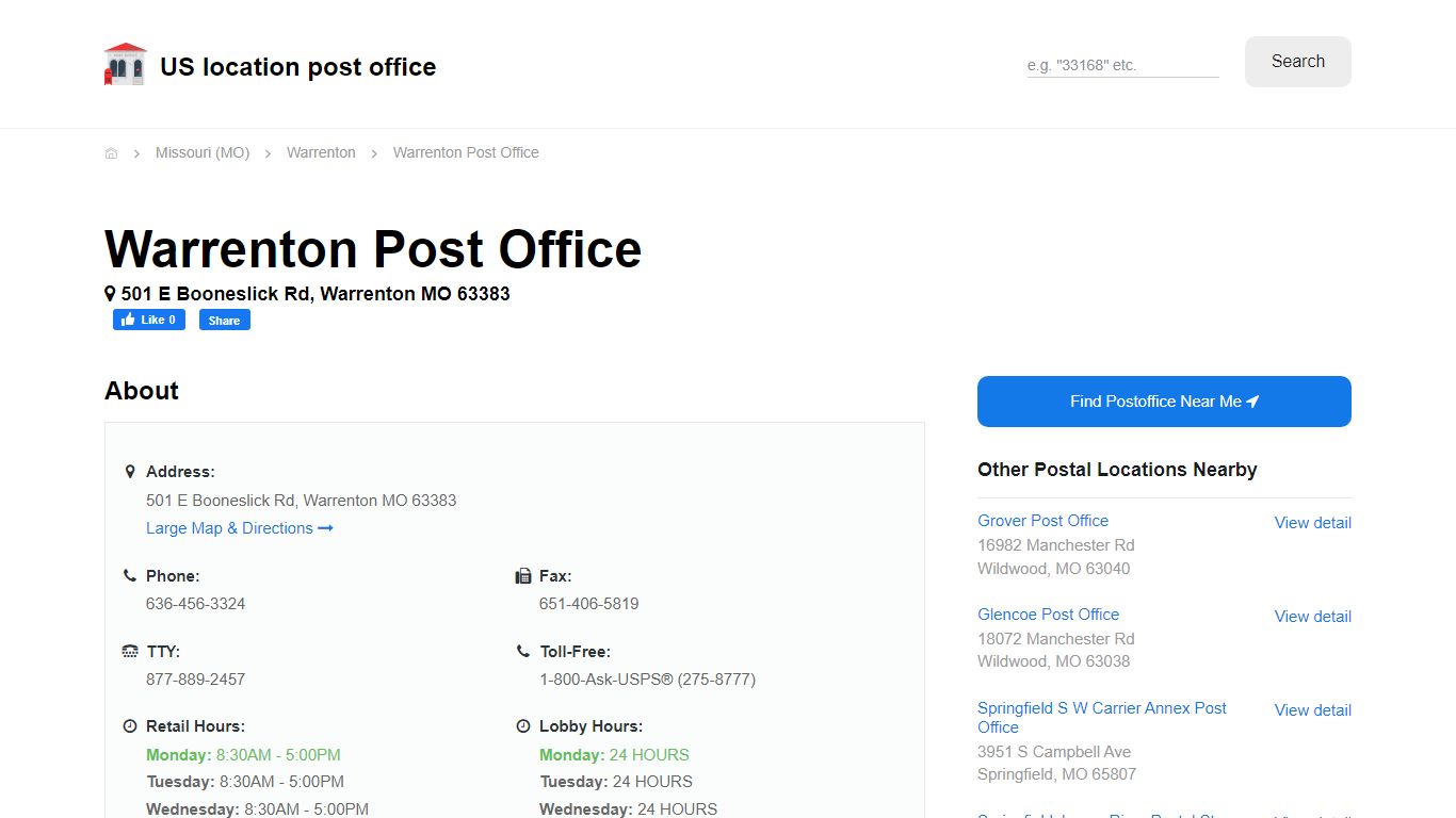 Warrenton Post Office, MO 63383 - Hours Phone Service and Location
